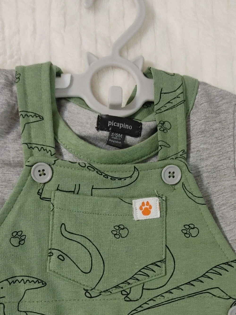 2 PC Picapino Green Dino Short Overalls with Gray Tee